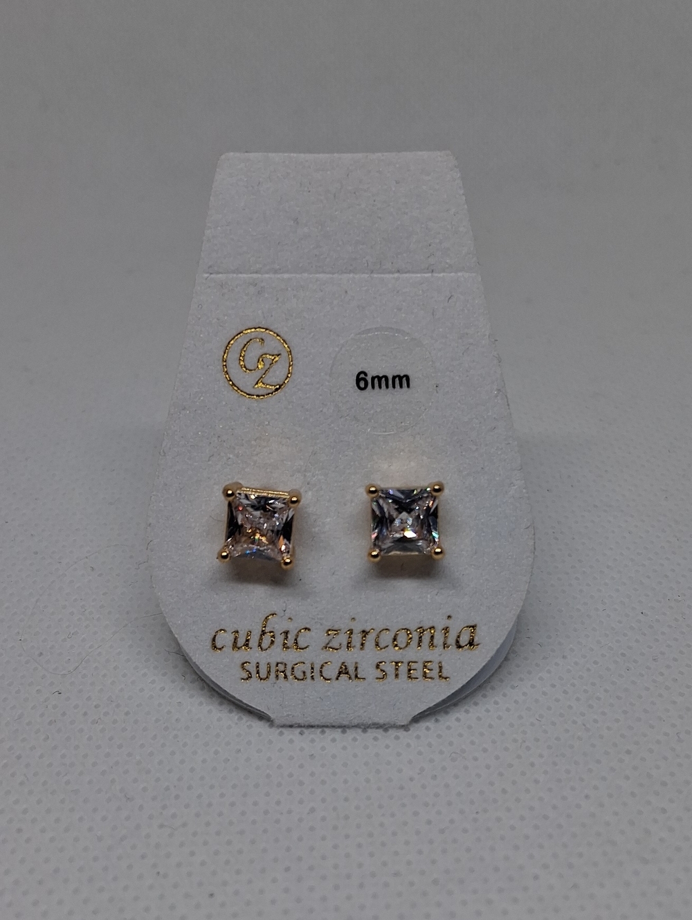 Gold Square Cubic Zirconia Stud Earrings - 6mm